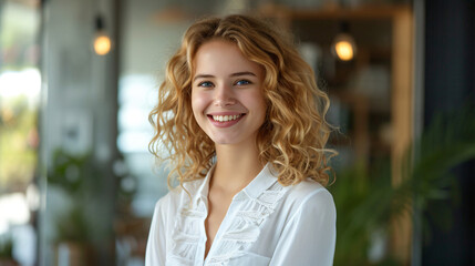 Fototapeta premium Smiling Young Woman with Blond Curly Hair in White Blouse in Office