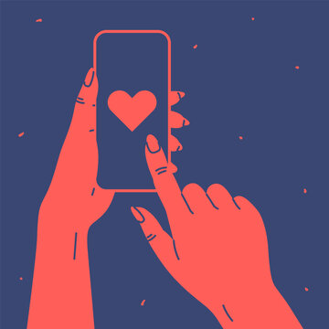 Drawn female hands holding phone with heart image