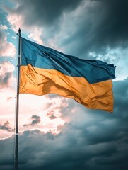 Flag of Ukraine against the background of the sky with clouds. The flag consists of two horizontal stripes: the top stripe is blue and the bottom stripe is yellow. 