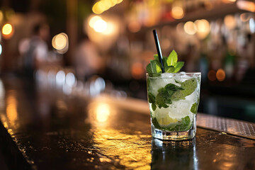 close up of a mojito cocktail with blurred Bartender and bar in the back with empty copy space