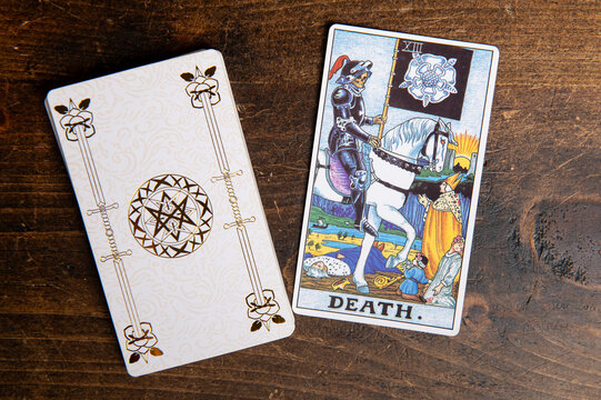 London, UK: 4 January, 2024: The 13 Major Arcana - The Death Tarot Card of Rider Waite deck on wooden background