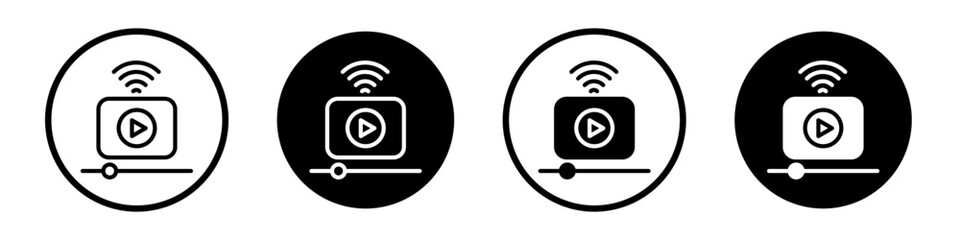 Video streaming icon set. Play and broadcast online tv stream vector symbol in a black filled and outlined style. play stream video sign.