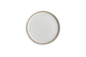 Handmade empty ceramic plate top view with copy space isolated on white background. Minimalism. Eco friendly ceramics handcraft tableware.