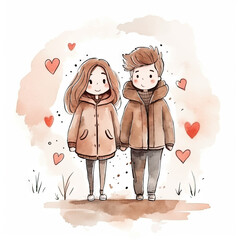 Hand drawn watercolor minimal style cartoon lover couple wedding  ceremony