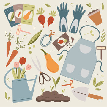 Gardening tools and plants. Vector illustration in flat style.