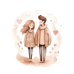 Hand drawn watercolor minimal style cartoon lover couple wedding ceremony