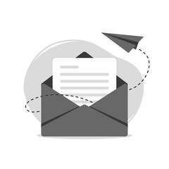 Letter in an envelope with message and a paper airplane. Elegant grey email icon. Minimalistic vector illustration.