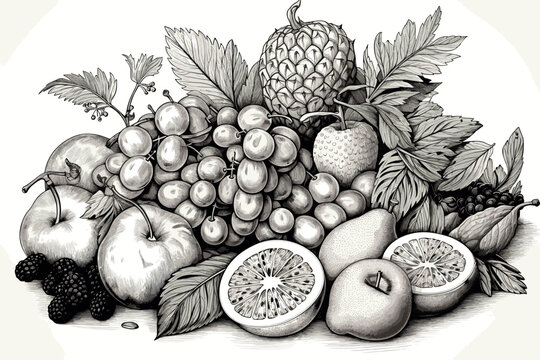 Composition of exotic tropical fruits. Pineapple, melon, grapes, coconut, banana, lemon and plum. Retro style black and white vector illustration