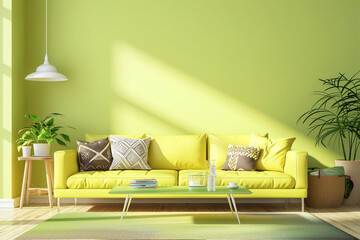 A light green, brown and yellow tone Scandinavian style living room, organic and naturalistic compositions.