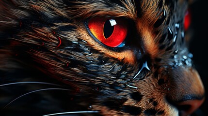 Cat black fur with red eye staring intenly closeup