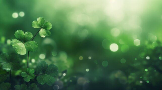 Happy Saint Patrick's Day shamrocks clover leaves on blur background. AI generated image