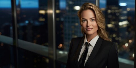 Fototapeta premium Portrait of a businesswoman standing in front of a window overlooking the city