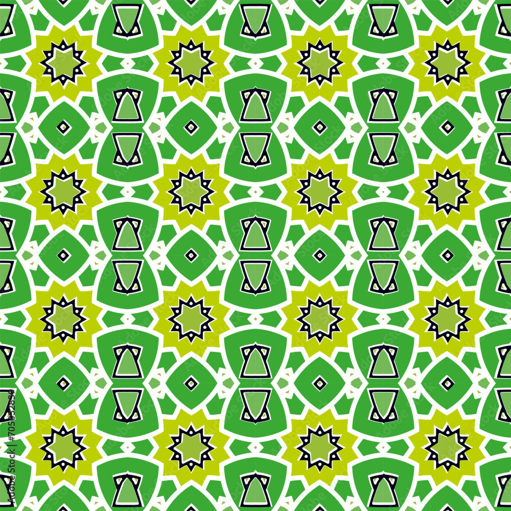 Poster seamless pattern with a simple decorative composition and a predominance of green and yellow colors.