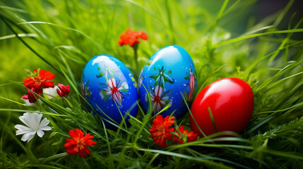 Red and blue eggs adorned with intricate floral designs, creating a festive and colorful scene on the lush green grass