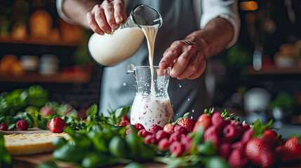 a man's hand pours homemade fruit yogurt from a carafe into a glass
