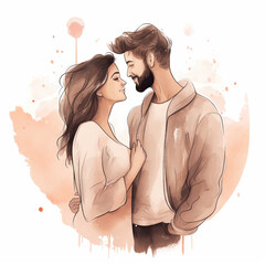 Hand drawn watercolor minimal style cartoon lover couple wedding  ceremony