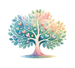 Tree with hearts. Watercolor sticker design. Image for greeting card design for Valentine's Day or Mother's Day, for wedding invitations or anniversary cards. Print for home or nursery decor - obrazy, fototapety, plakaty
