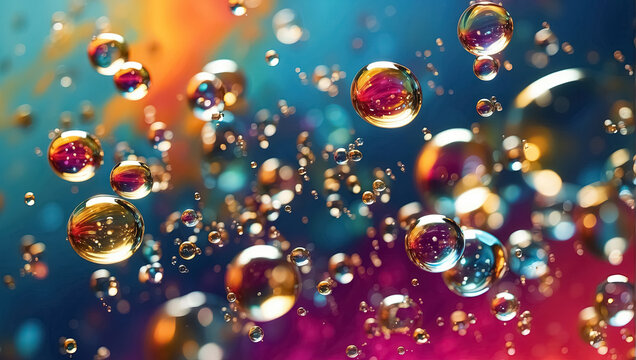 Macro shot of colorful water drops with bokeh effect. Generative Ai