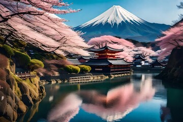 a beautiful japanese village town in the morning. buddhist temple shinto at sea river. cherry blossom sakura growing. anime comics art style.  - obrazy, fototapety, plakaty