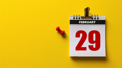 Wall calender with February 29th marked as leap year with extra day on yellow background - obrazy, fototapety, plakaty