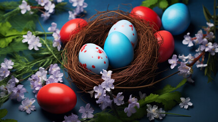 Fototapeta na wymiar designed blue eggs showcasing a medley of colorful patterns, nestled in a cozy and inviting nest