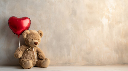 Plush Bear Holding Heart-Shaped Balloon on Light Background - Valentine's Day