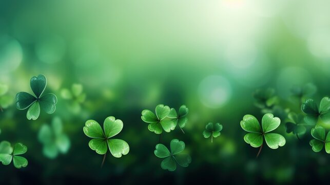 Happy Saint Patrick's Day shamrocks clover leaves on blur background. AI generated image