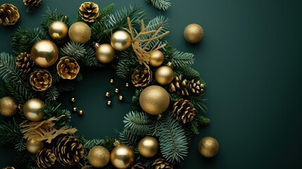 Fototapeta premium Christmas Wreath With Gold Ornaments and Pine Cones
