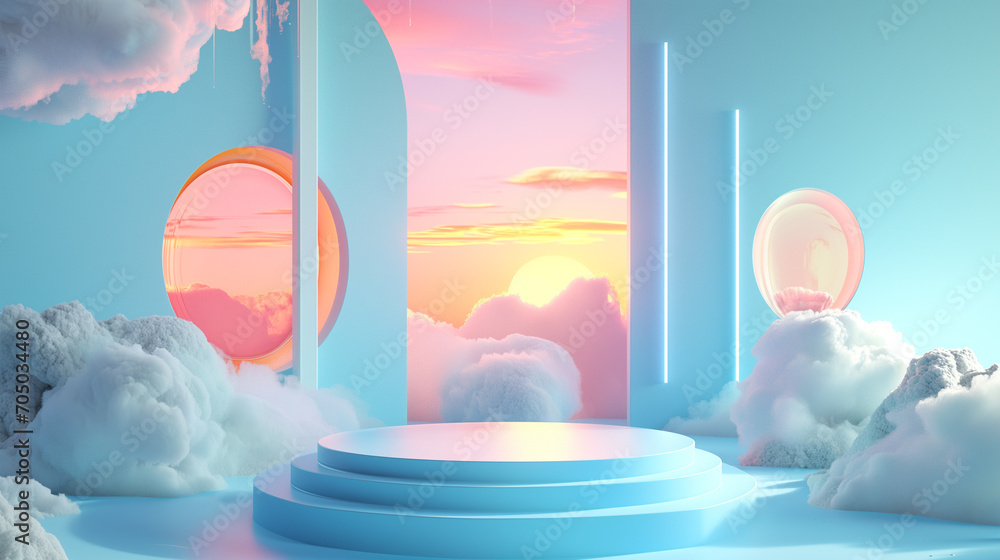 Poster 3d illustration of empty podium backdrop for product display. surreal architecture scene for merchan