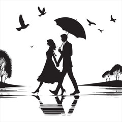 Whispering Love's Passion Valentine Stroll Silhouette: A Beautiful Image of a Silhouetted Couple Walking for Stock - Couple Day Black Vector Stock
