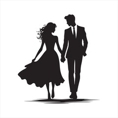 Moonlit Serenade in Valentine Stroll Silhouette: A Mesmerizing Couple Walking Scene, Ideal for Stock Photos - Couple Day Black Vector Stock
