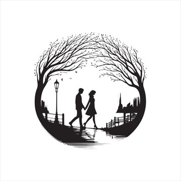 Endearing Kiss in Valentine Stroll Silhouette: A Beautiful Image of a Couple Walking Hand in Hand for Stock - Couple Day Black Vector Stock
