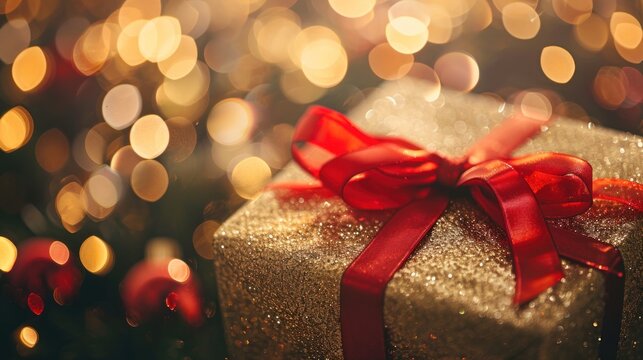 Close Up of Present Wrapped in Red Ribbon