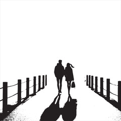 Sweet Serenade in Valentine Stroll Silhouette: Capturing Love in a Beautiful Silhouette for Stock - Couple Day Black Vector Stock
