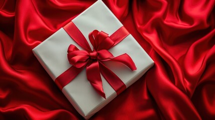 White Gift Box With Red Bow on Red Satin Background