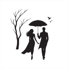 Passion's Whisper Valentine Stroll Silhouette: A Romantic Scene of a Couple Walking Silhouette - Couple Day Black Vector Stock
