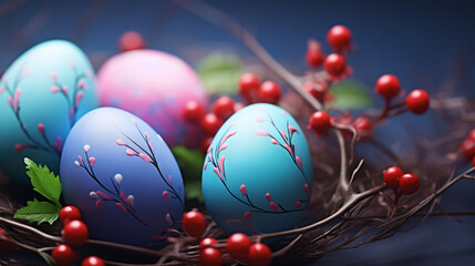  Easter eggs painted in captivating blue and purple hues resting gracefully on a branch adorned with vibrant red fruits