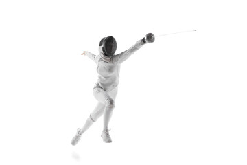 Professional female fencer lunging with grace and precision, flash of her sword against white studio background. Dance of competition. Concept of professional sport, active lifestyle, motion, strength