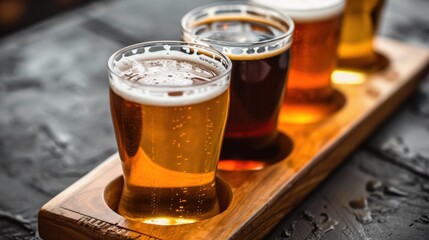 Wooden Tray Topped With Three Glasses of Beer