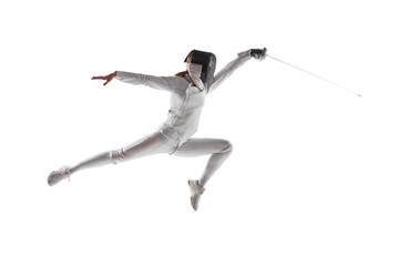 Artistry of combat. Female fencer gracefully executes complex fencing maneuver in action against...