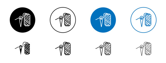 Thread and Needle Line Icon Set. Embroidery and tailor sew spool sewing symbol in black and blue color. - obrazy, fototapety, plakaty