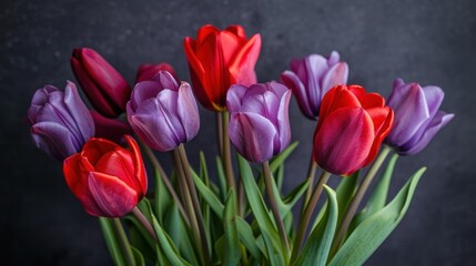 Bunch of Red and Purple Tulips in a Vase, A Burst of Vibrant Colors