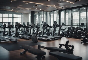 Fototapeta na wymiar A photo of a interior of a modern fitness center gym club with a workout room with treadmills