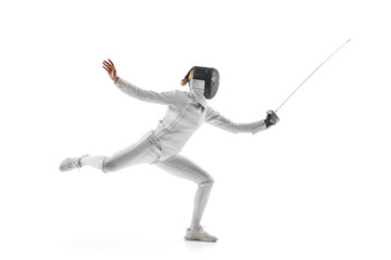 Fencer's footwork and poised stance in mid-bout against a pristine white studio background....
