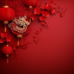 
Happy chinese new year, year of the dragon zodiac sign hanging beautiful lantern and flowers on red background. Copy space