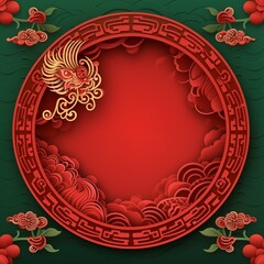 Traditional lunar year background red and green color with dragon 