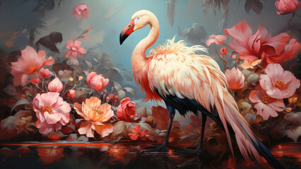 An oil painting of a pink flamingo among roses and palm leaves, red colors, vintage style. Banner.
