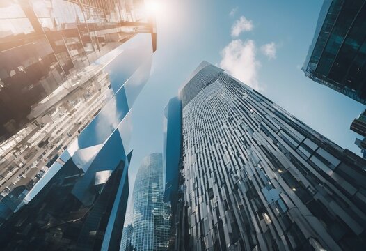 A wallpaper dekstop background photo of a modern office buildings skyscrapers taken from below