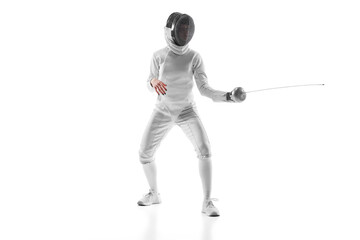 Female fencer intense gaze as she anticipates her opponent's move, tension palpable against white...