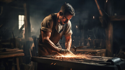Close-up of blacksmith in apron working with hammer and iron in the workshop. sparks are around the anvil
